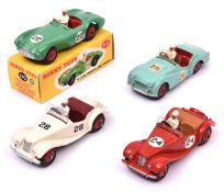 4 Dinky Toys Racing Cars. 2x MG Midget (108). An example in red, with tan interior with red