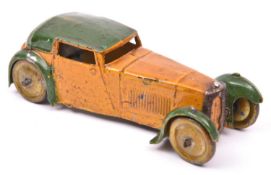 Dinky Closed Sports Coupe (22b) yellow body with green roof and mudguards, original paint appears to