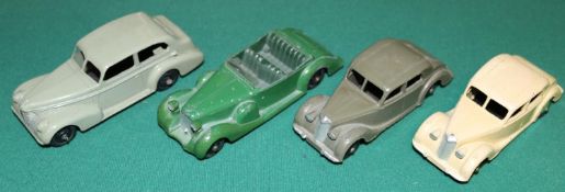 4 Dinky Toys (158) Riley Saloon cream body, green hubs .(40A) Riley Saloon grey body ,black hubs.(