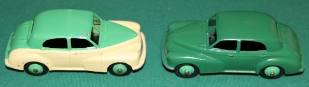 2 Dinky Toys Morris Oxford (159) dark green with light green hubs also (159) Morris Oxford two