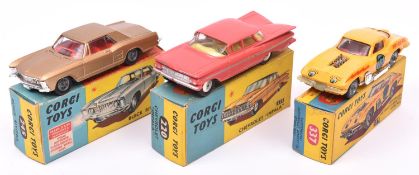 3 Corgi Toys. Chevrolet 'Impala' (220). An example in pink with yellow interior, example with smooth