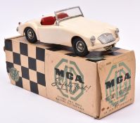 A Victory Industries 1:18 scale battery operated model of an MGA. Moulded plastic body in ivory,