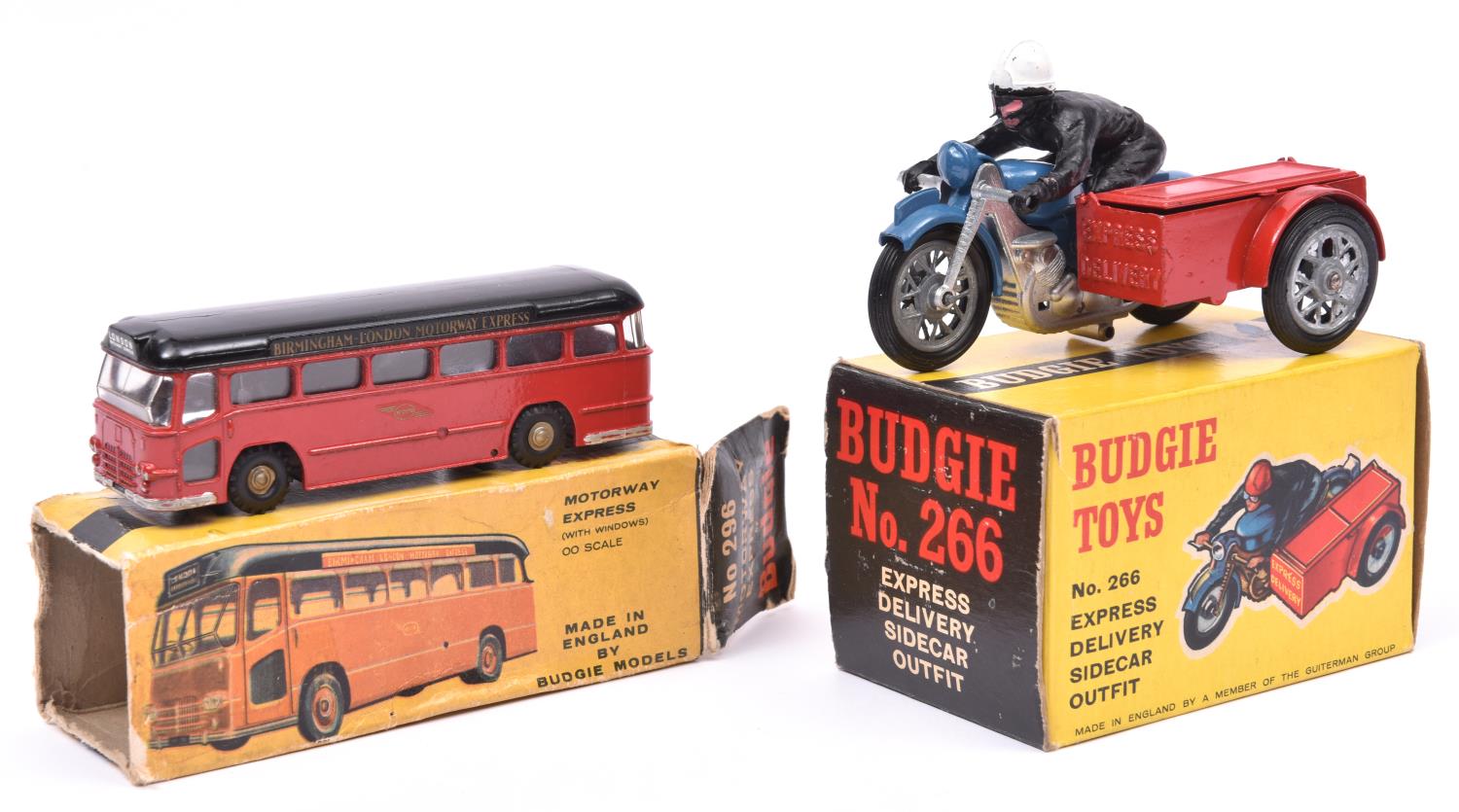 2 Budgie Toys. Express Delivery Sidecar Outfit No.266. Bike in blue and silver and a red box sidecar