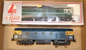 2x O gauge BR Class 33 Co-Co diesel locomotives by Lima. A boxed loco, D6506, in green for 2-rail