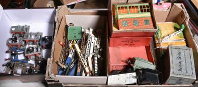 30+ Hornby O gauge tinplate trackside accessories. Including; a Through/Terminal Station with