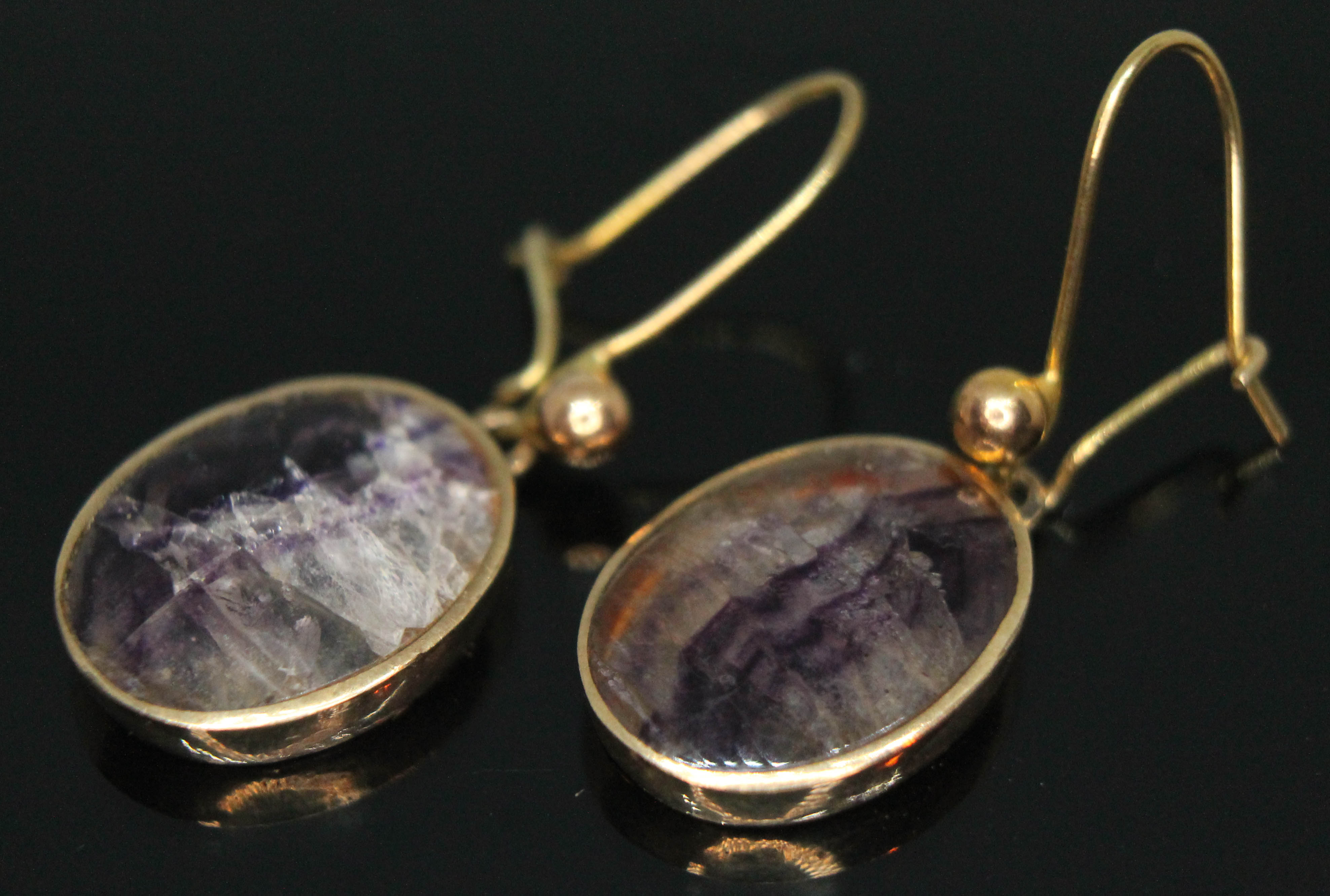 A pair of hallmarked 9ct gold fluorite cabochon earrings, length (including loop) 30mm, gross wt. - Image 2 of 8