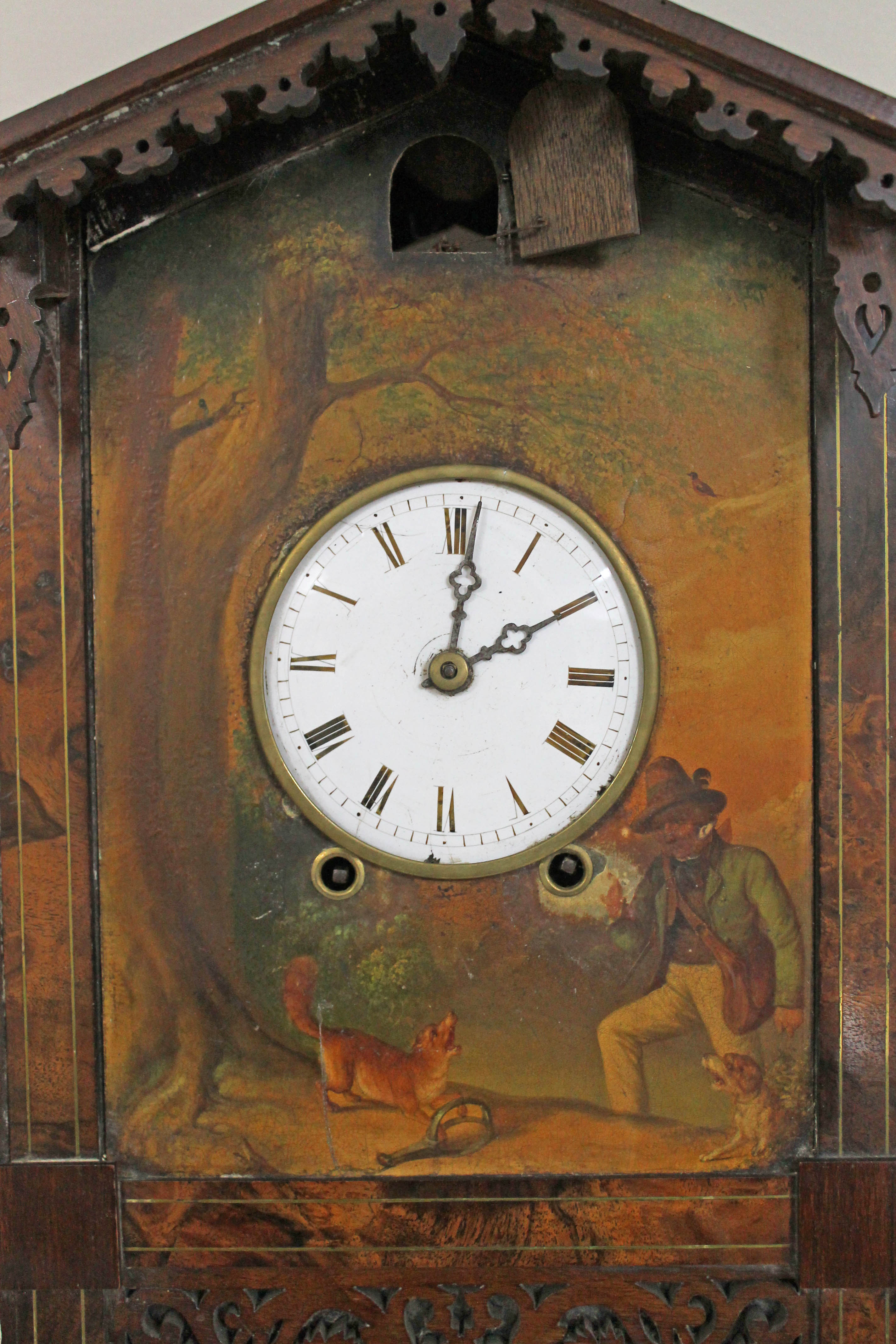 A 19th century Black Forest walnut cuckoo clock, chalet style case with fretwork, 4 1/4" dial - Image 7 of 12