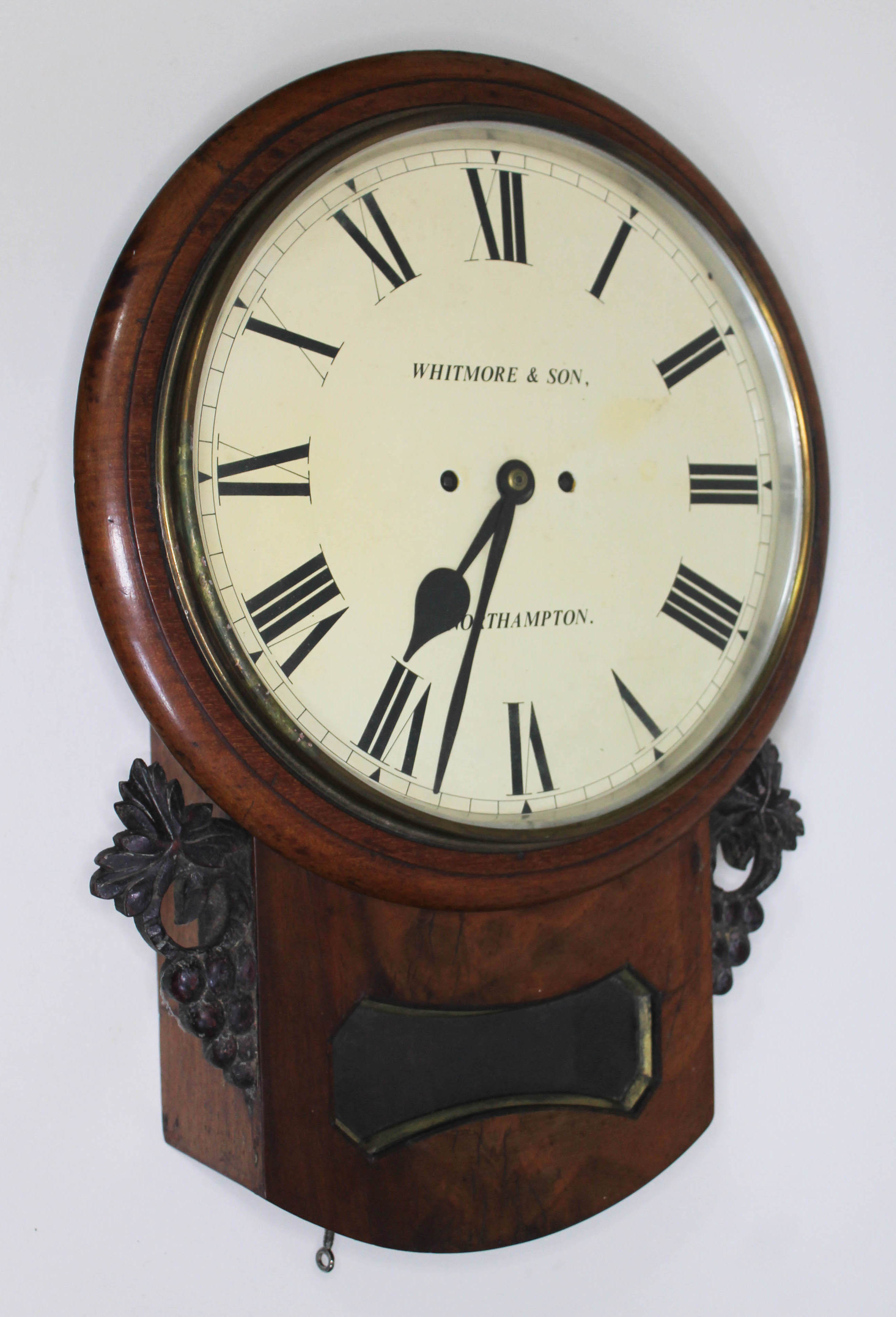 A 19th century drop dial double fusee wall clock, the 12" dial signed Whitmore & Son Northampton,