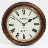 A late Victorian oak cased wall clock, the 14" dial painted with Roman numerals and signed J. Wood