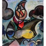 James Lawrence Isherwood (1917-1989), abstract fish, oil on canvas, 41cm x 46cm, signed and dated (