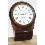 An early 19th century mahogany cased drop dial wall clock with 12" dial, Roman numerals and