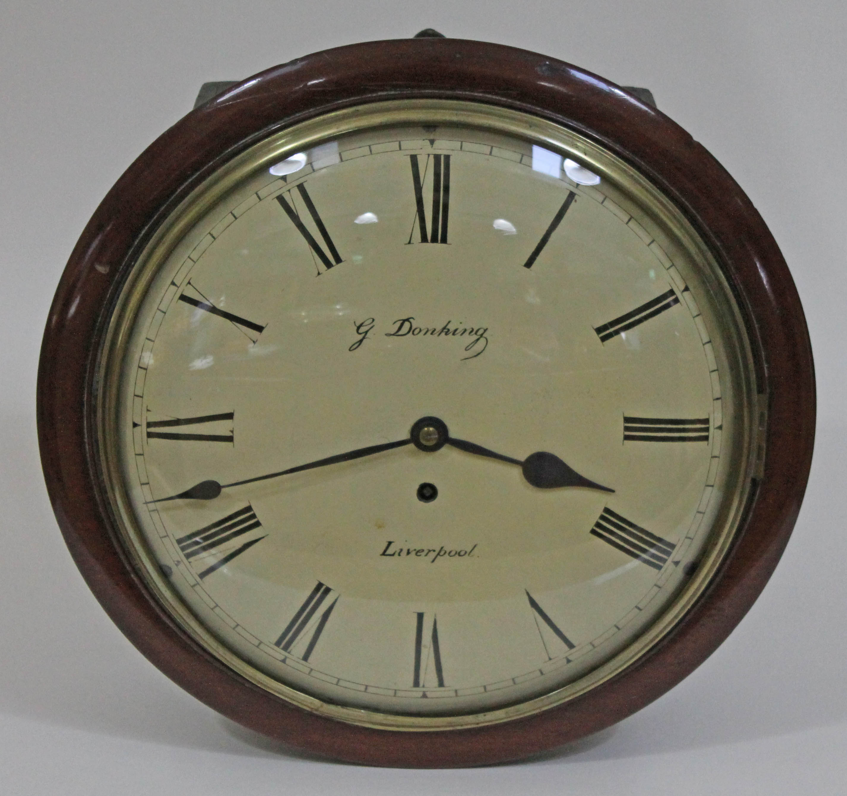 A mid 19th century mahogany cased wall clock, 12" convex dial with painted Roman numerals and signed