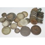 A mixed lot of silver and copper coins including: Victoria 1887 crown, three half crowns 1896,