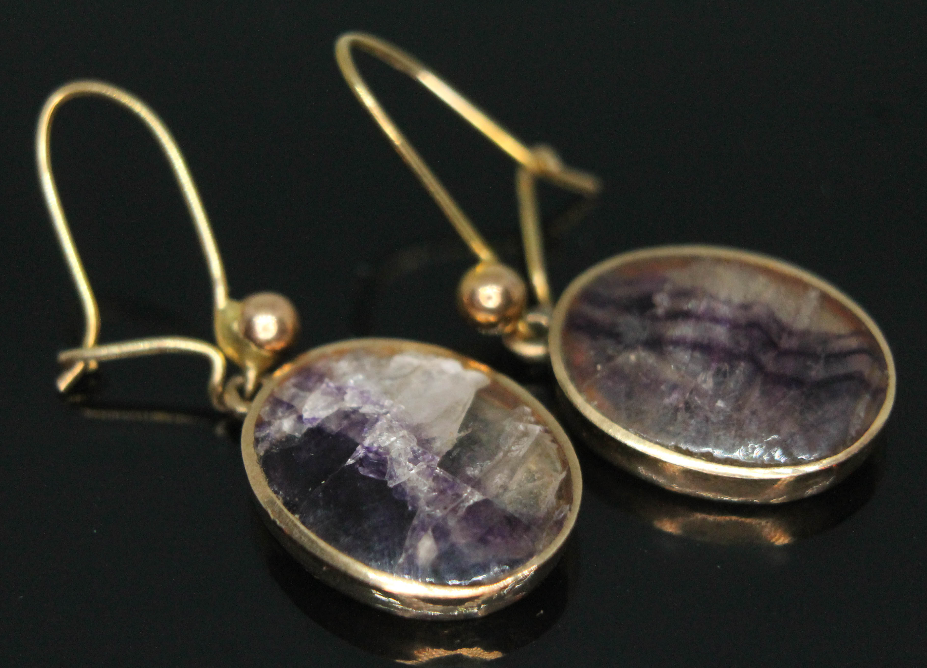 A pair of hallmarked 9ct gold fluorite cabochon earrings, length (including loop) 30mm, gross wt.