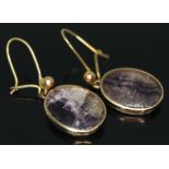 A pair of hallmarked 9ct gold fluorite cabochon earrings, length (including loop) 30mm, gross wt.