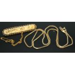 A hallmarked 9ct gold brooch and a chain marked 9ct, gross wt. 6.52g.