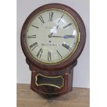 A 19th century brass inlaid mahogany drop dial wall clock, 12" convex dial with painted Roman