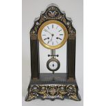A French mother of pearl and brass inlaid ebonised portico clock, height 49.5cm.