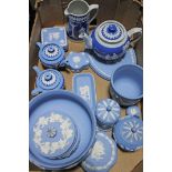 A box of Wedgwood, mainly Jasper ware, including teapots, approximately 15 pieces.
