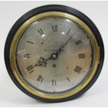 An early 19th century ebonised wall clock, brass bezel with domed glass, 9" steel dial engraved with