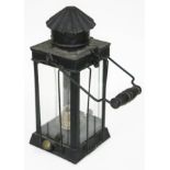 A rectangular lamp with pie crust top, four glass panels, burner stamped Hinge Cone Diamondlite