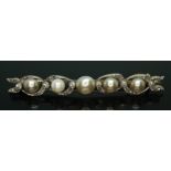 A French gold diamond cultured and simulated pearl bar brooch, length 52mm, gross wt. 4.58g.