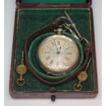 A ladies silver pocket watch marked 0.900, in leather travel case, diam. 40mm, case 9cm x 8cm.