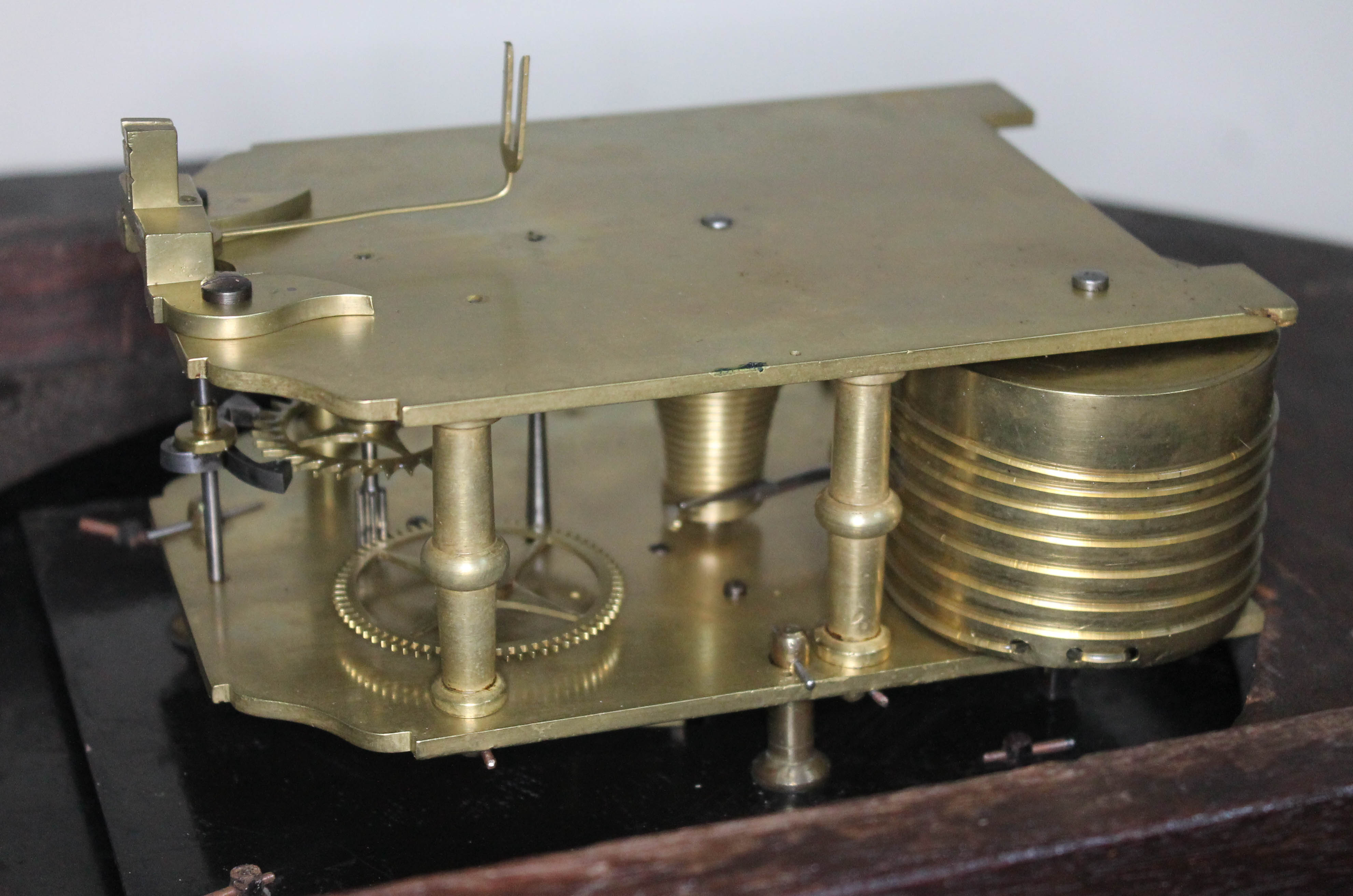 A 19th century brass inlaid mahogany drop dial fusee wall clock, 12" convex dial, total length 71cm. - Image 2 of 2