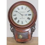 A 19th century mahogany drop dial wall clock, the 12" dial signed D Johnson Sheffield, brass four
