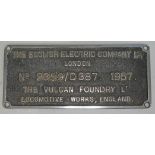 A cast worksplate THE ENGLISH ELECTRIC COMPANY LTD LONDON NO 2359/D387. 1957. THE VULCAN FOUNDRY LTD