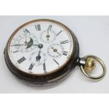 A gun metal calendar moonphase keyless pocket watch having Roman numerals, day, date, month and