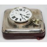 An oversized chrome plated pocket watch in hallmarked silver travel case, watch diam 64mm, case 11cm