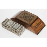 A Tunbridge ware musical jewellery box and an Indian ivory and tortoiseshell box, lengths 28cm and