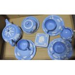 A box of Wedgwood, mainly Jasper ware, including teapot, approximately 14 pieces.