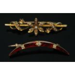 A split pearl set brooch marked 15ct and a diamond and enamel crescent shaped brooch unmarked, gross