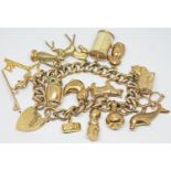A hallmarked 9ct gold charm bracelet with 15 hallmarked 9ct gold charms and heart shaped lock,