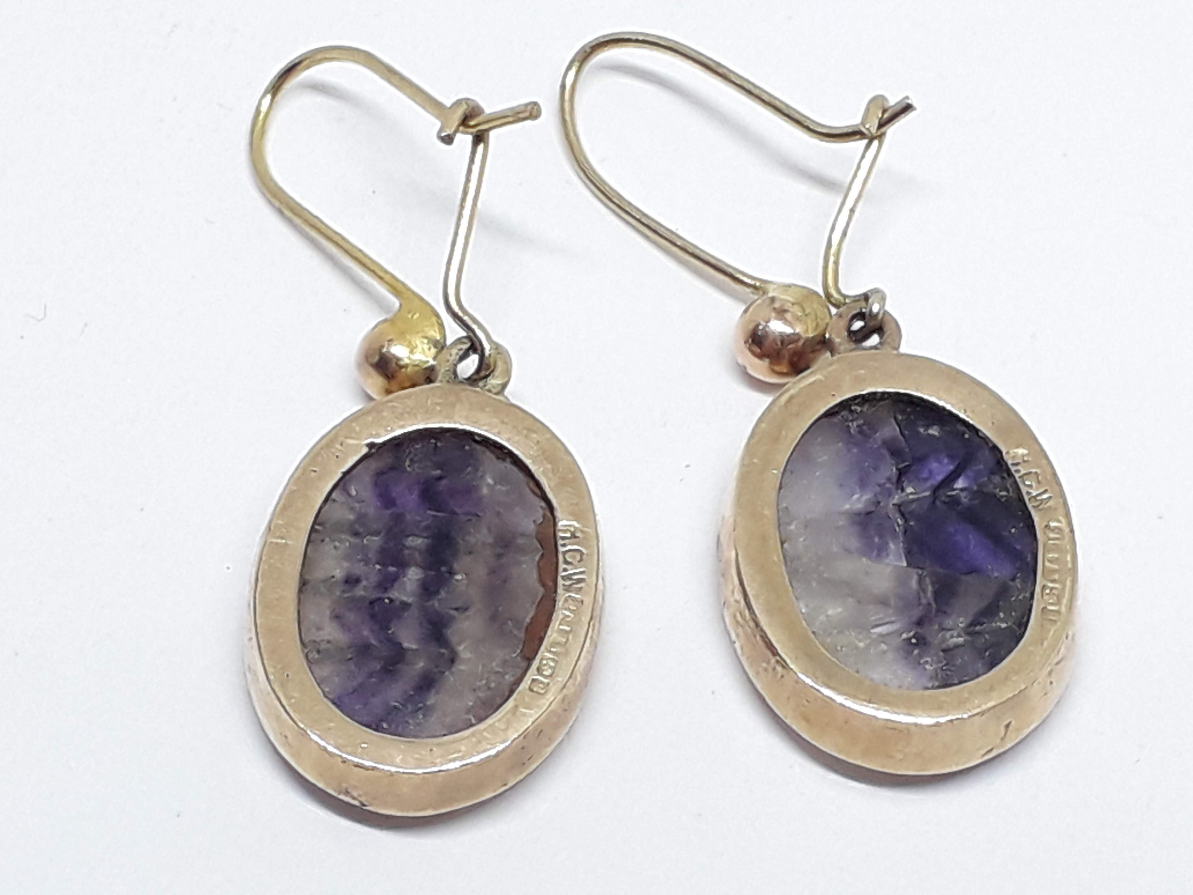 A pair of hallmarked 9ct gold fluorite cabochon earrings, length (including loop) 30mm, gross wt. - Image 3 of 8