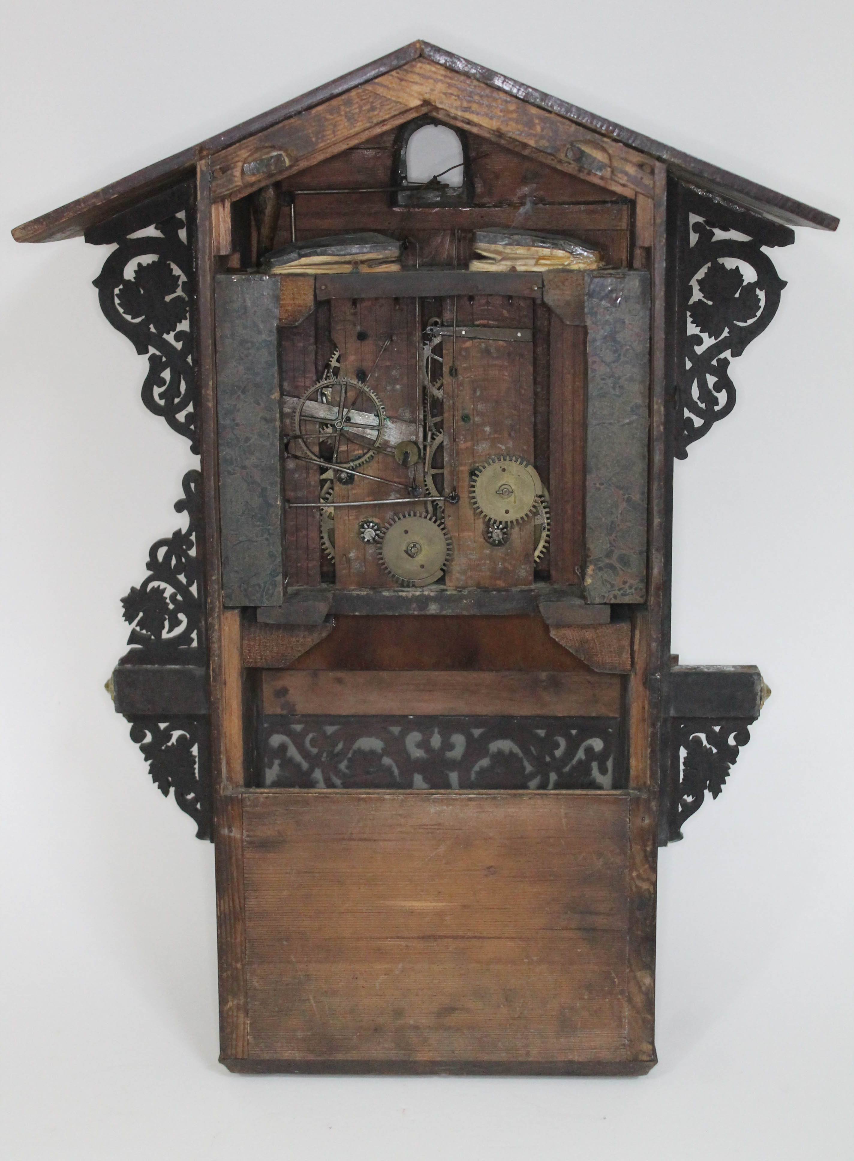 A 19th century Black Forest walnut cuckoo clock, chalet style case with fretwork, 4 1/4" dial - Image 6 of 12