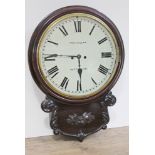 A 19th century rosewood drop dial wall clock, 14" dial with Roman numerals and signed Thomas Hallam,