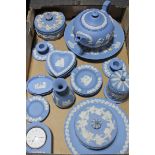 A box of Wedgwood, mainly Jasper ware, including teapot, approximately 21 pieces.