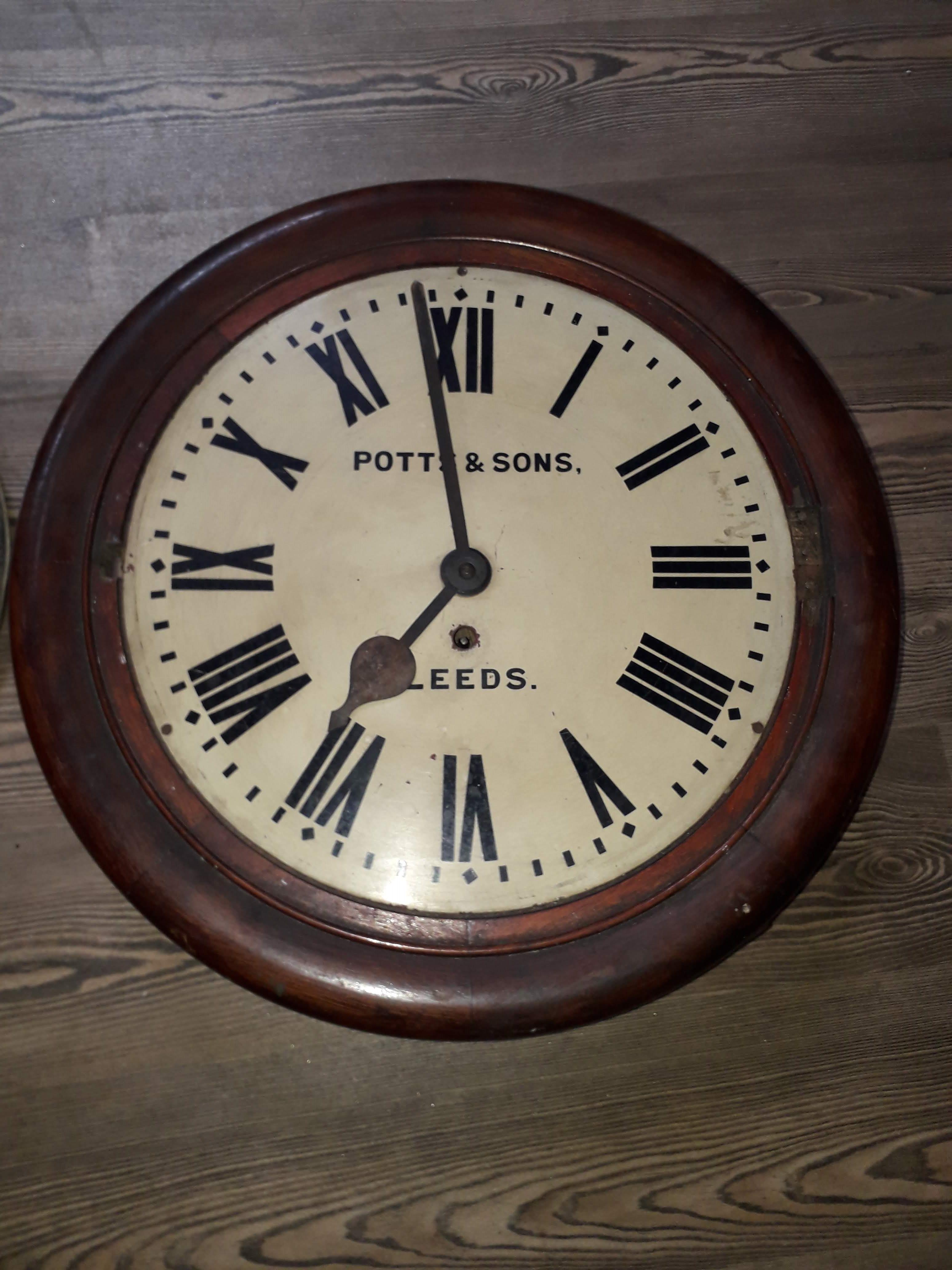 A late Victorian oak wall clock, the 16" dial painted with Roman numerals and signed Potts & Sons - Image 4 of 12