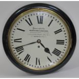 A 19th century ebonised mahogany cased wall clock, the 12" dial painted with Roman numerals and