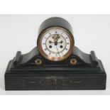 A Victorian black slate mantle clock with visible brocot escapement, length 35cm.
