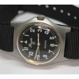 A 1980 Precista British Royal Navy issue stainless steel quartz wristwatch, the signed black dial