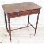 A Victorian mahogany single drawer side table with turned stretcher, height 75cm.