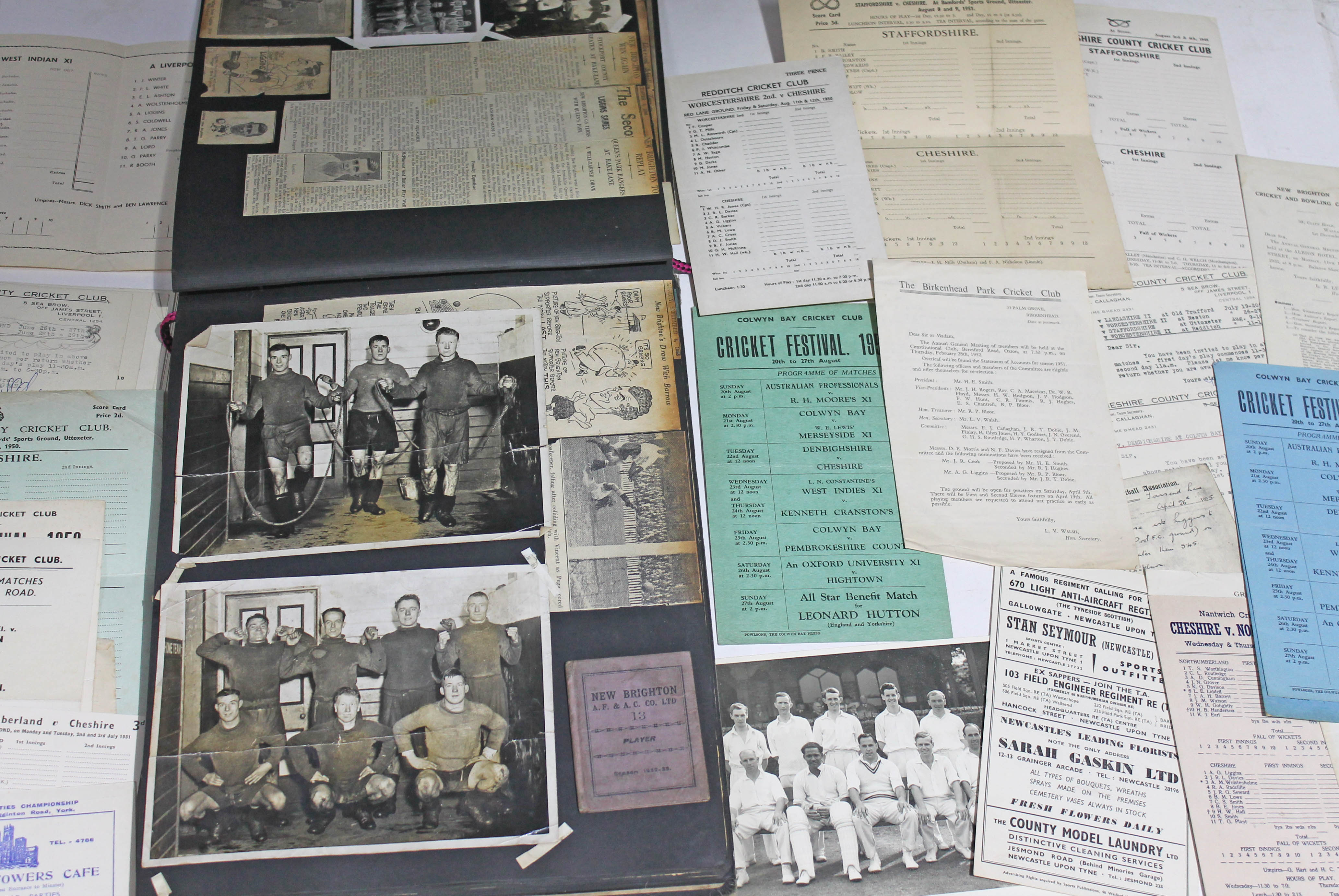 A quantity of cricket and football ephemera including s 25 page scrap book album comprising mainly