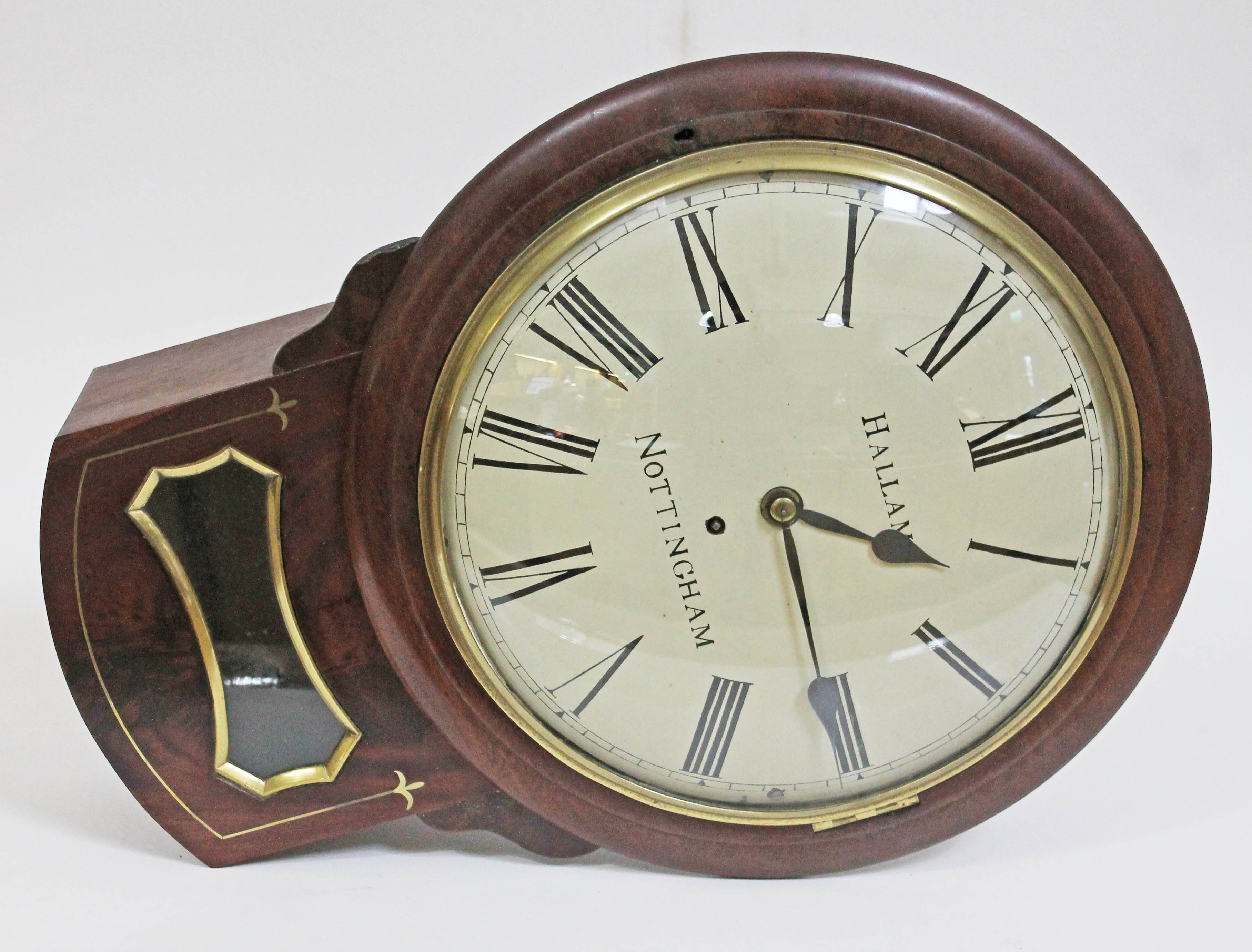A 19th century brass inlaid mahogany drop dial wall clock, 12" convex dial with painted Roman - Image 2 of 2