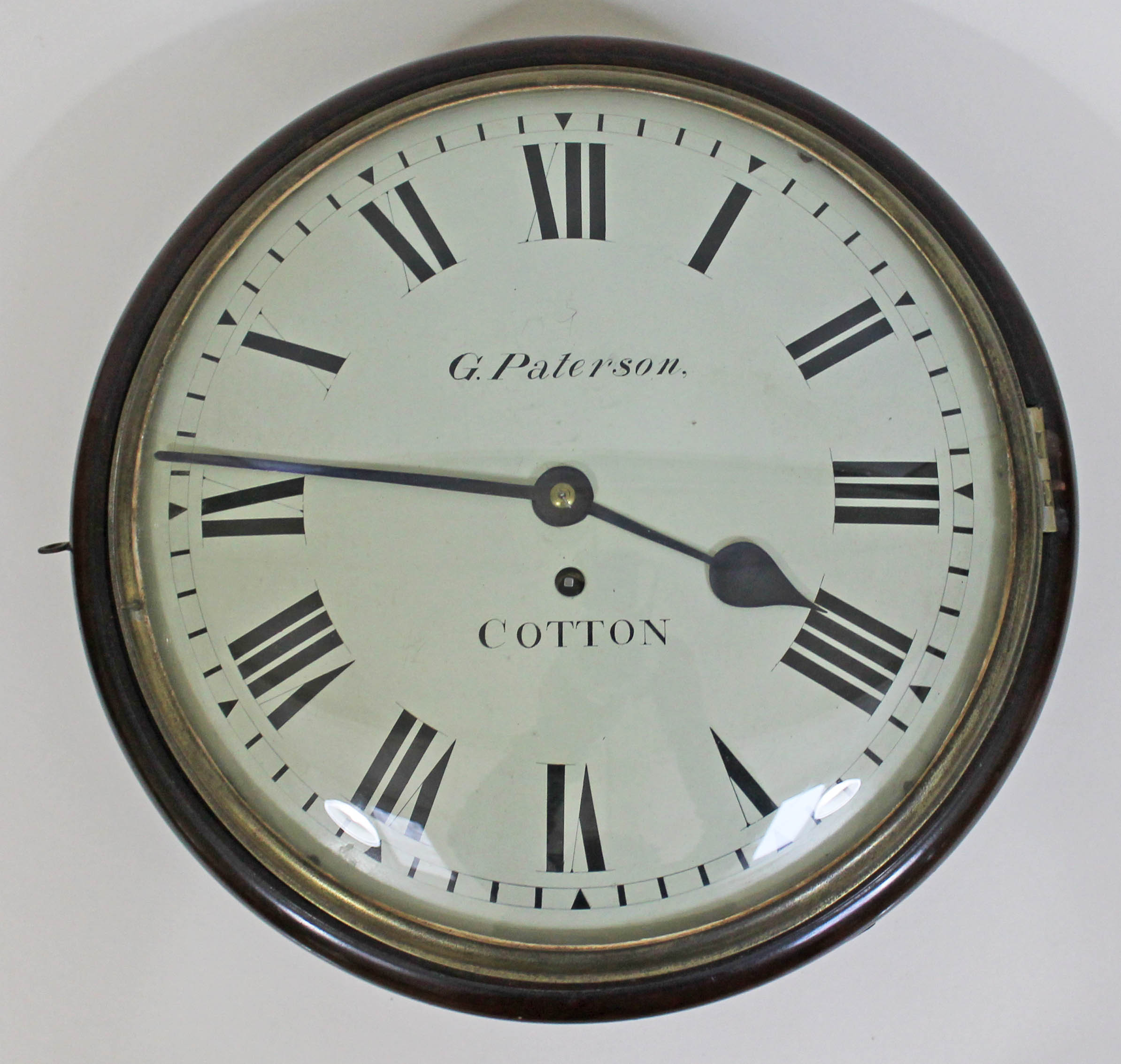 A 19th century mahogany cased wall clock, 12" painted dial with Roman numerals and signed G.