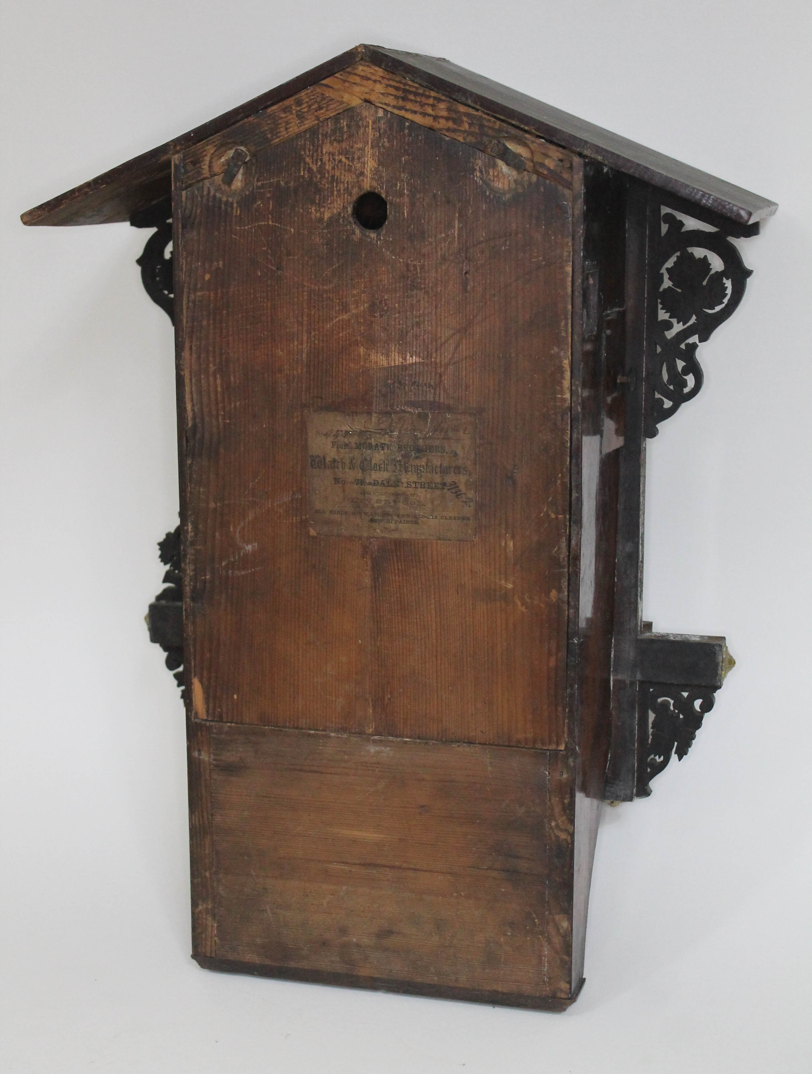 A 19th century Black Forest walnut cuckoo clock, chalet style case with fretwork, 4 1/4" dial - Image 4 of 12