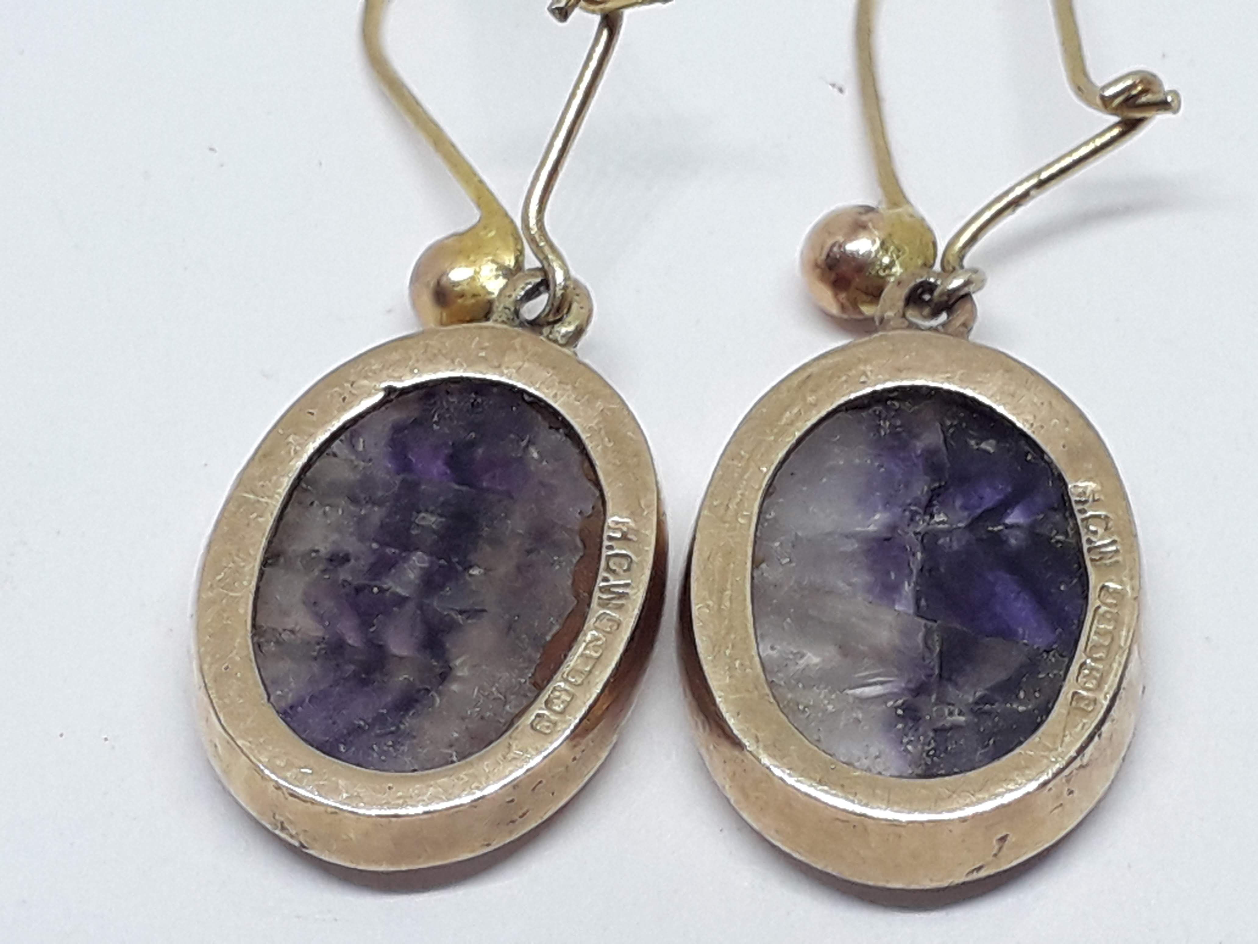 A pair of hallmarked 9ct gold fluorite cabochon earrings, length (including loop) 30mm, gross wt. - Image 8 of 8